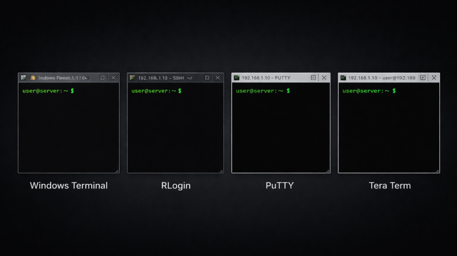 Windows Terminal・RLogin・PuTTY・Tera TermのUIを並べた比較イメージ