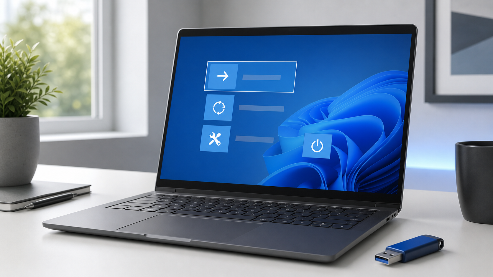 Windows11の回復オプションとUSBインストールメディアによるクリーンインストールのイメージ