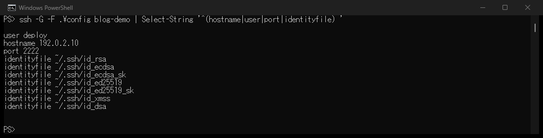 PowerShell ssh -G output showing deploy, 192.0.2.10, port 2222 and identity-file candidates