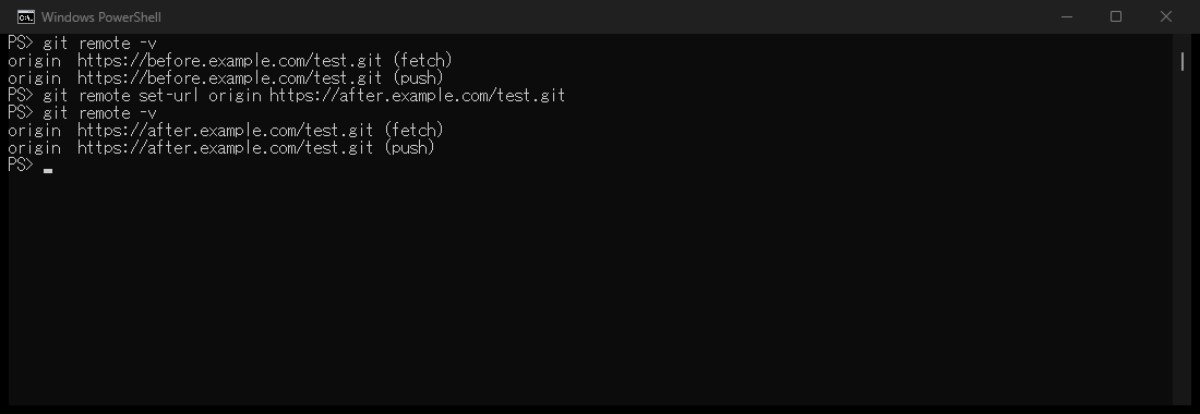 Git remote output before and after set-url, showing the fetch and push URLs