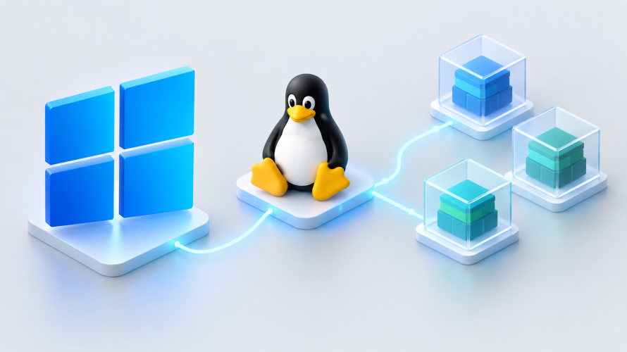 WindowsとLinuxをつなぎ、Linuxコンテナーを利用するWSLの概念イラスト