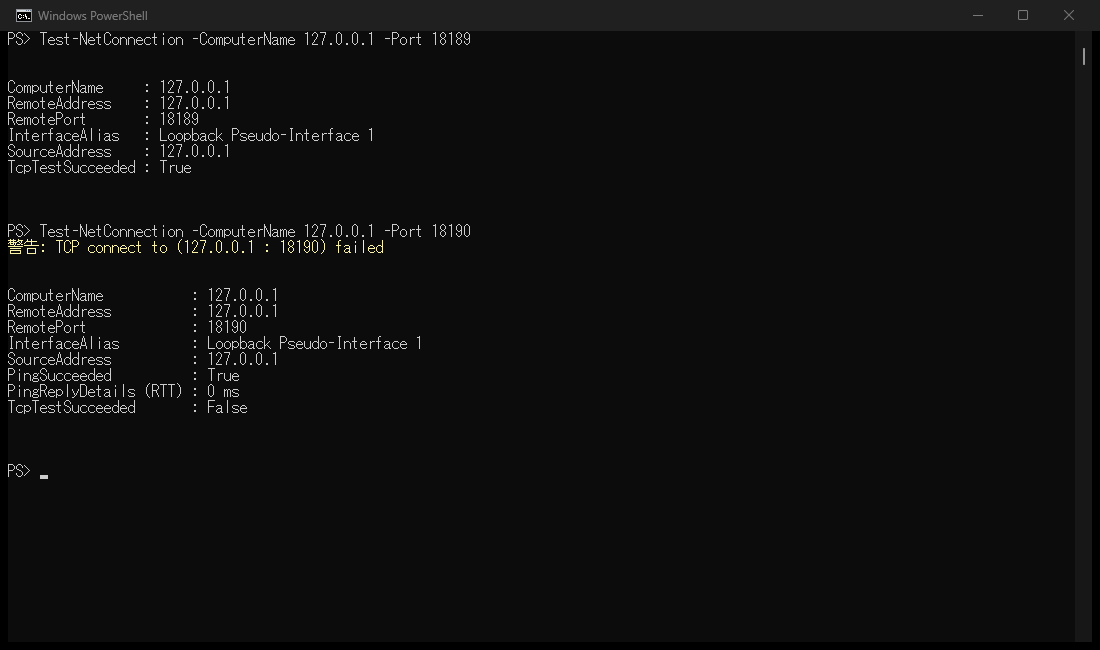 PowerShell TCP connection results showing True for a listening port and False with a failed-connect warning